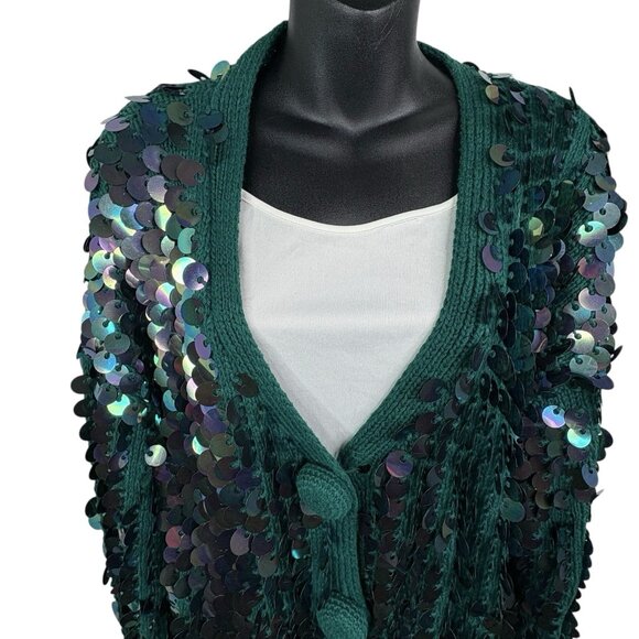 VTG 80s Christmas Party Sequins Festive Green Knit Cardigan Women’s M WICKED - Picture 3 of 12